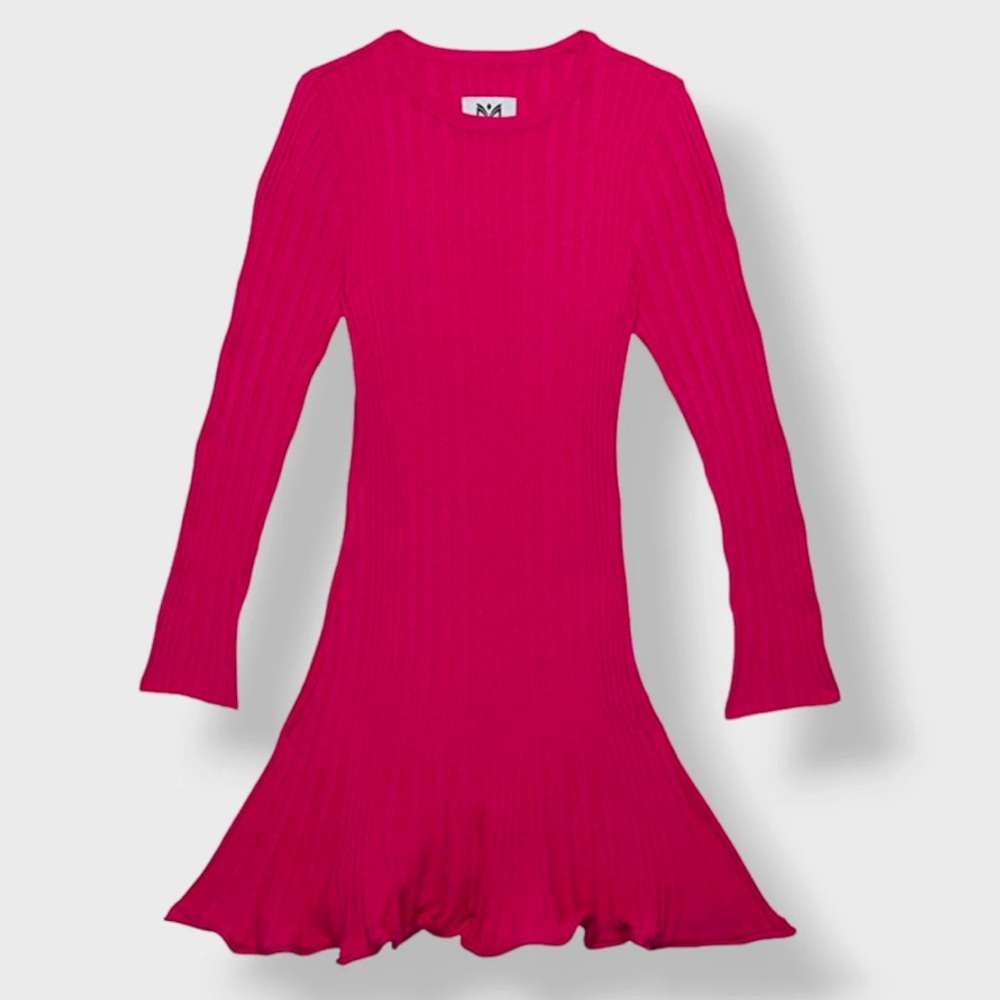 Milly Minis Kid's Girl's Pink vibrant Ribbed Crewneck Fit & Flare Dress Size 7/8